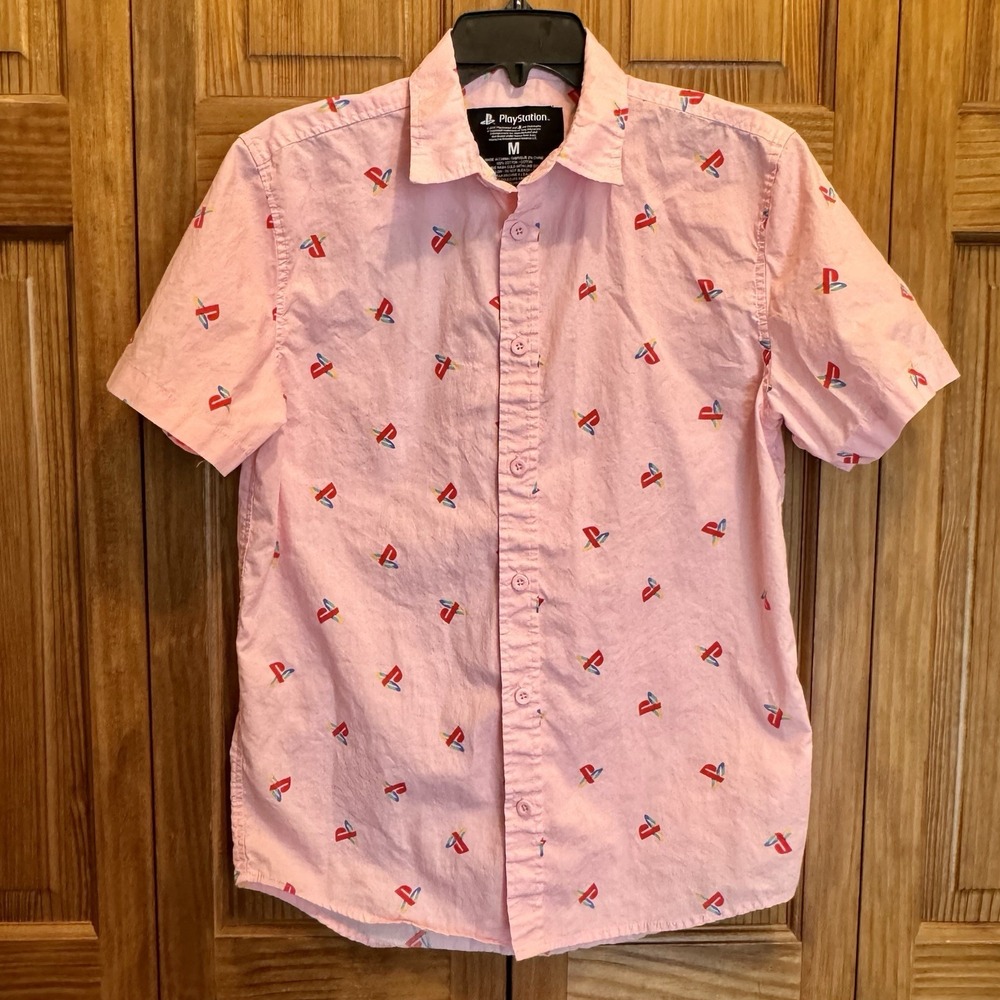 Sony Playstation Licensed Short‎ Sleeve Pink Button Shirt Men's M  Cotton Casual